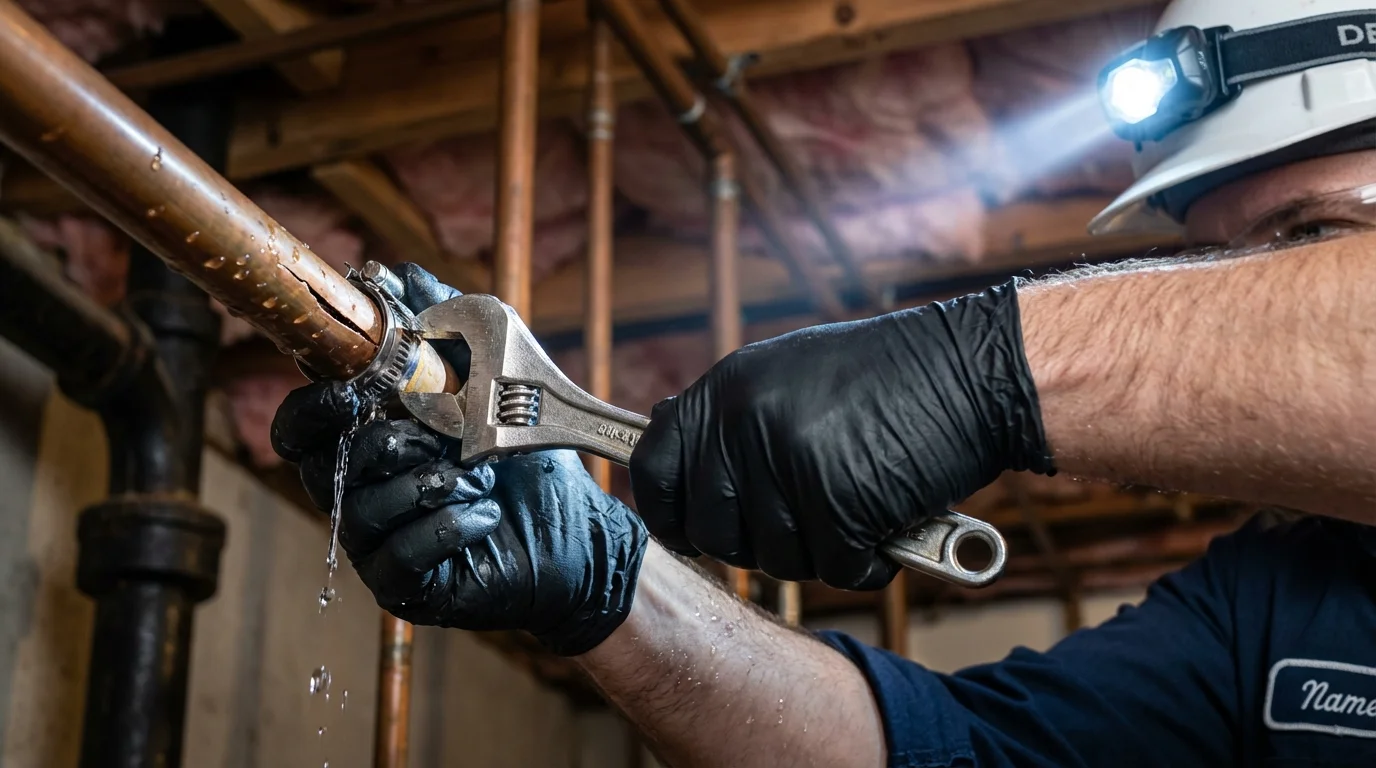 Emergency pipe clamp repair being performed by a Johns Plumbing LLC plumber in Tompkinsville