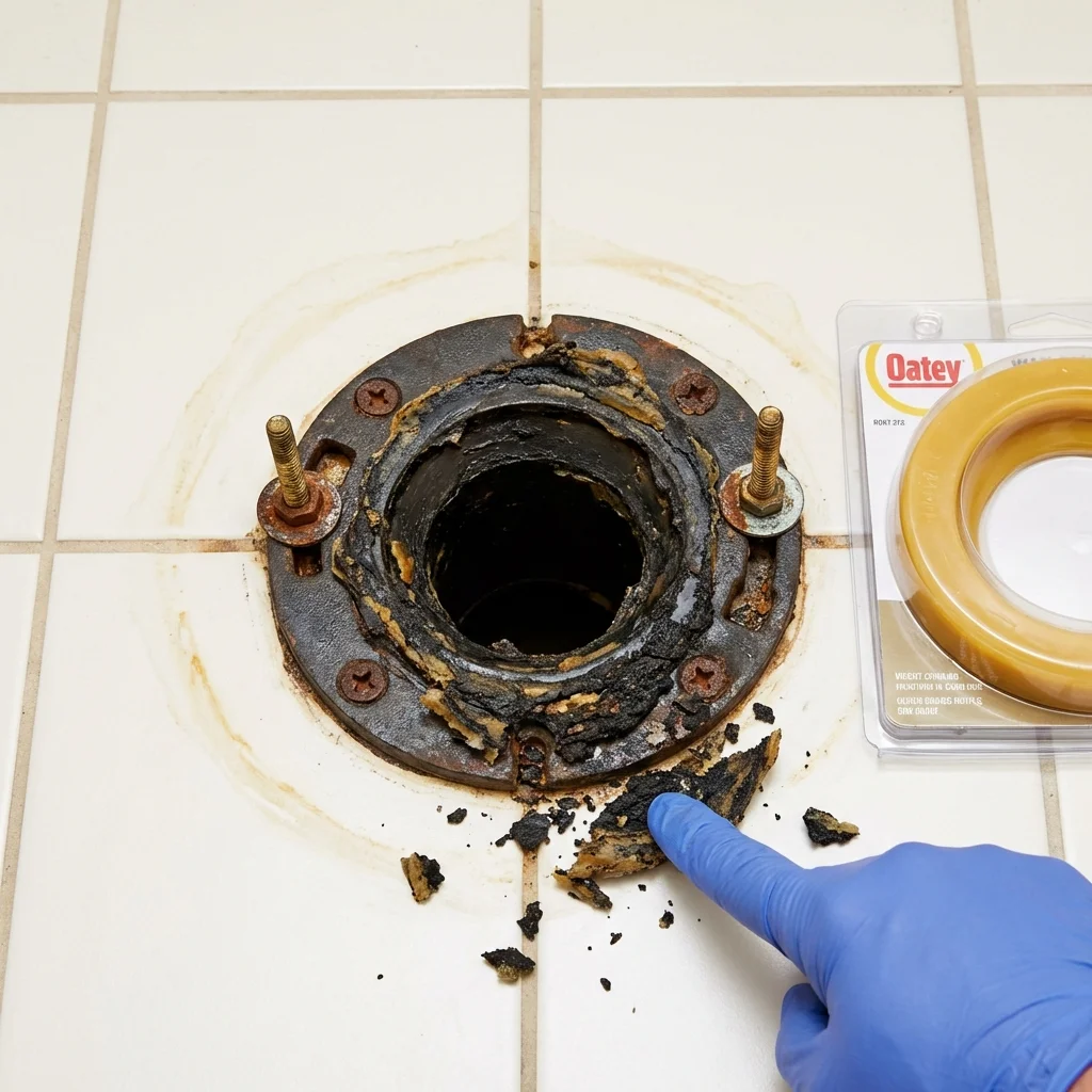 Failed wax ring showing water seepage at the base of a toilet in a Tompkinsville, KY home