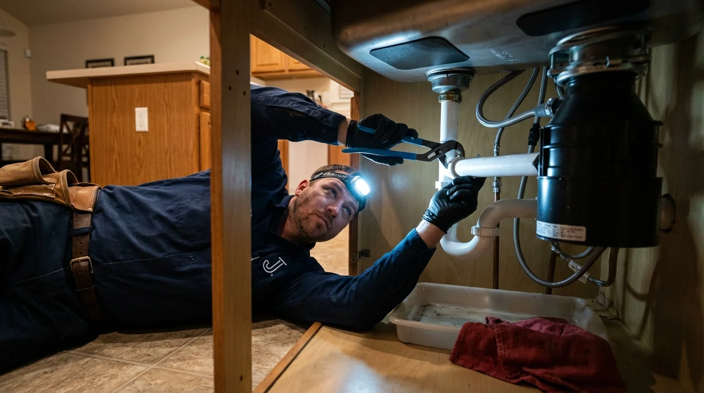 P-trap and supply line connections under a kitchen sink showing a common leak point in Tompkinsville, KY